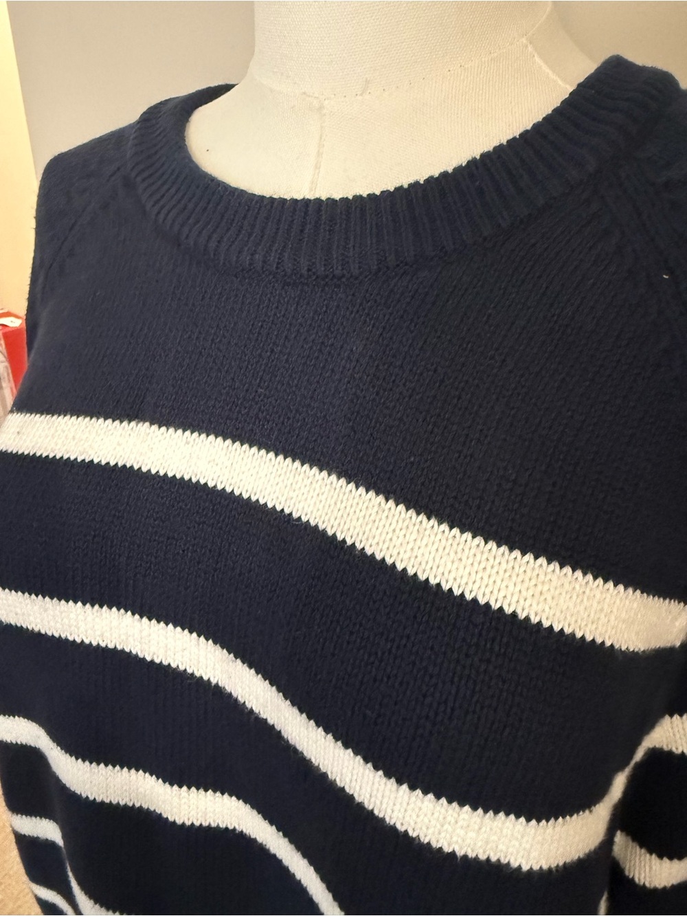 J.Crew Navy White Stripe Cotton Sweater XL Coastal Nautical Preppy Crewneck - Picture 2 of 7